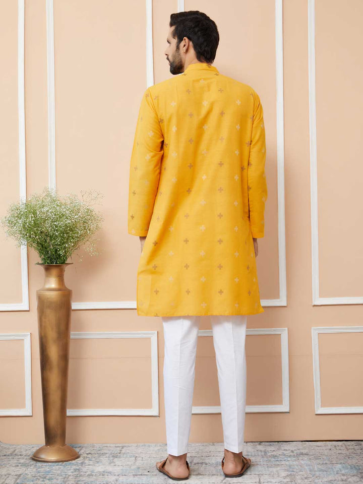 Mustard Cotton Handloom motifs Straight Kurta with Pyjama