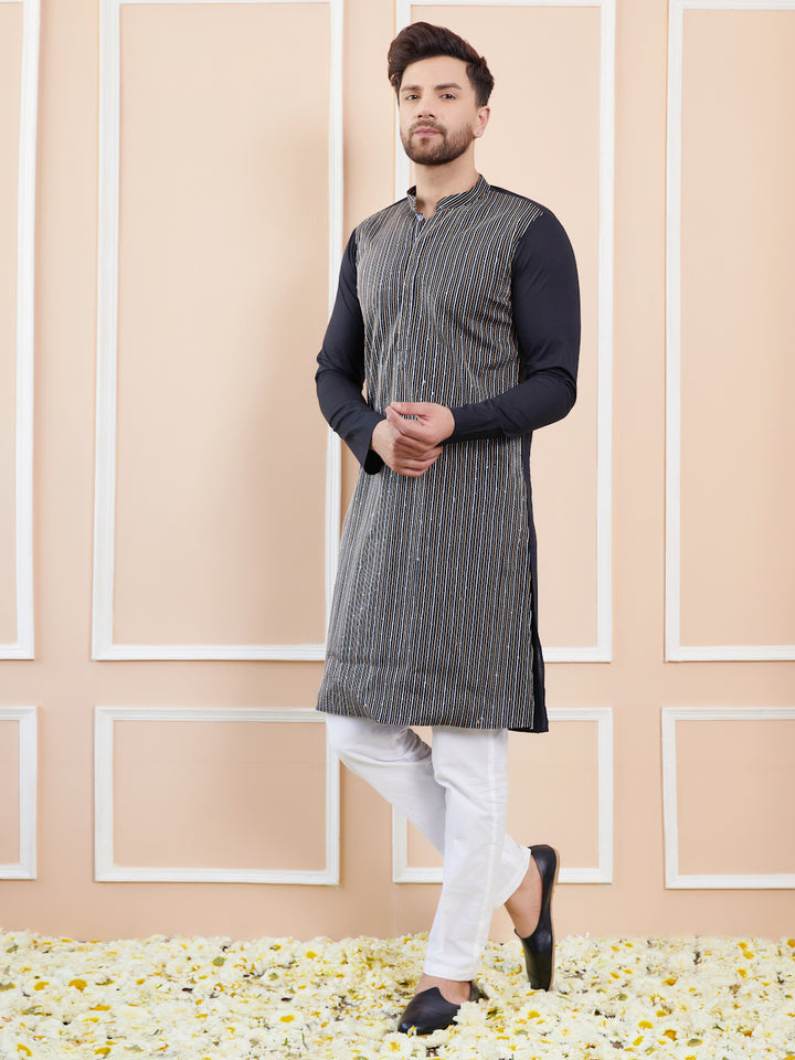 Black Sequins and Thread Worked Cotton Straight Kurta with Pyjama