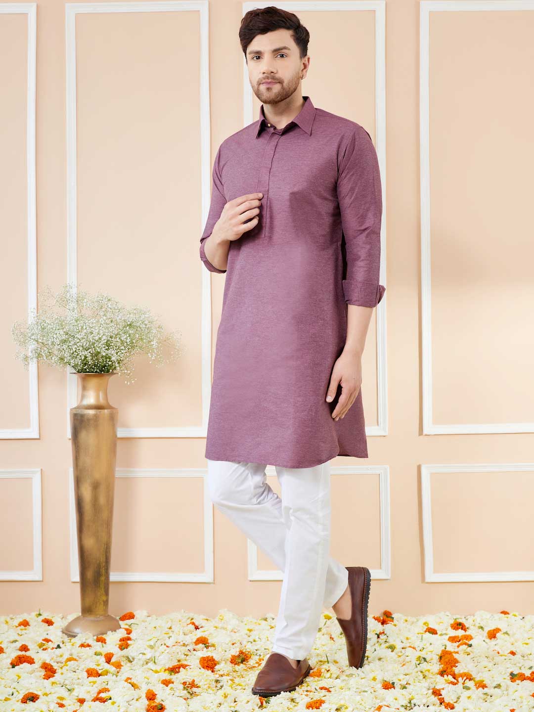 Purple Cotton Solid Pathani Kurta with Pyjama