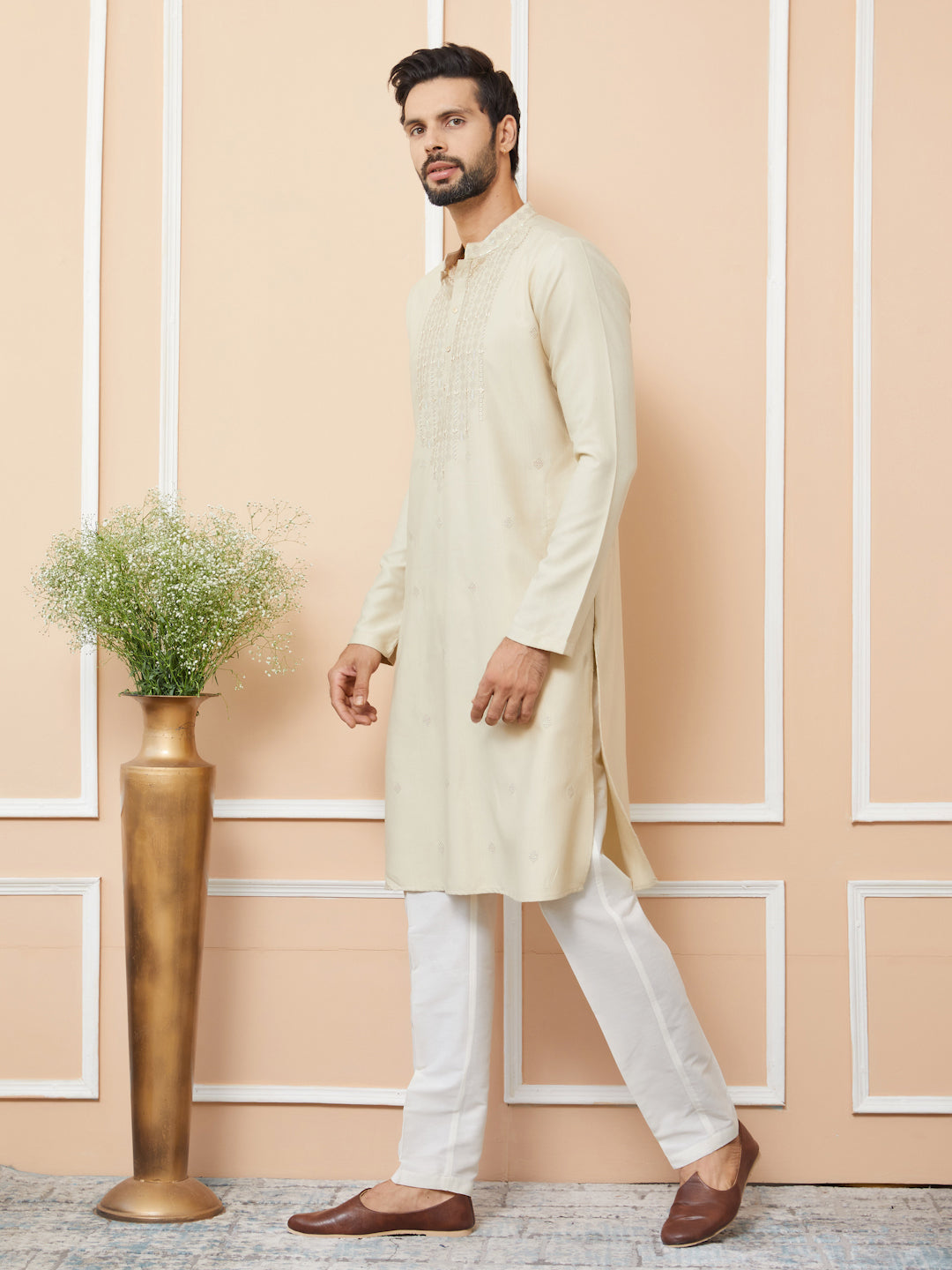 Beige Embroidered Zara Silk Straight Kurta