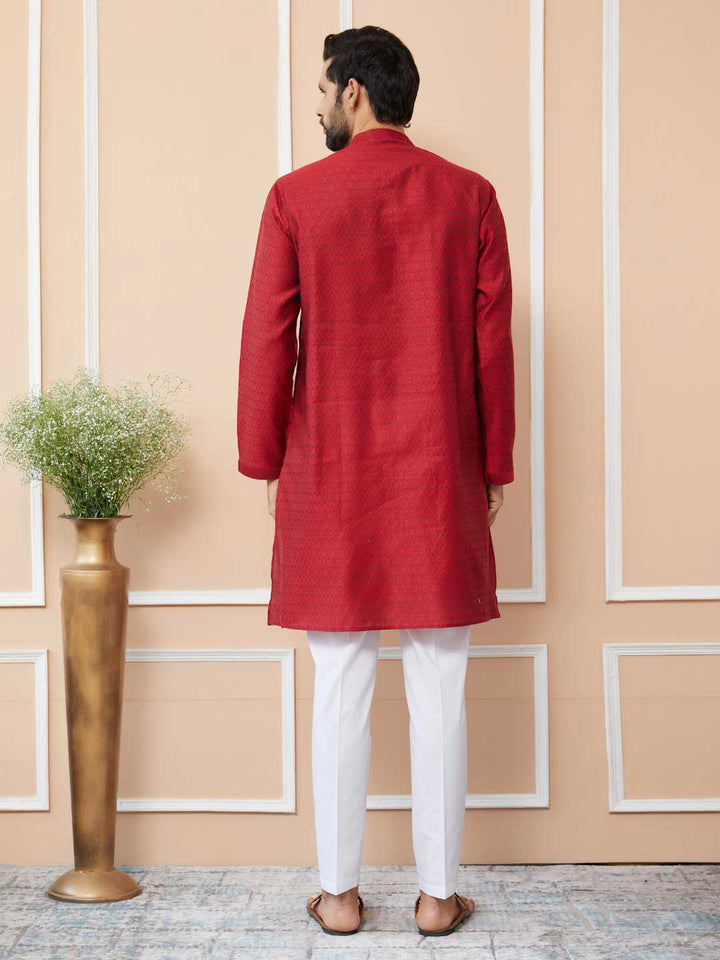 Red Ethnic Motifs Silk Jacquard Woven Design Straight Kurta with Pyjama