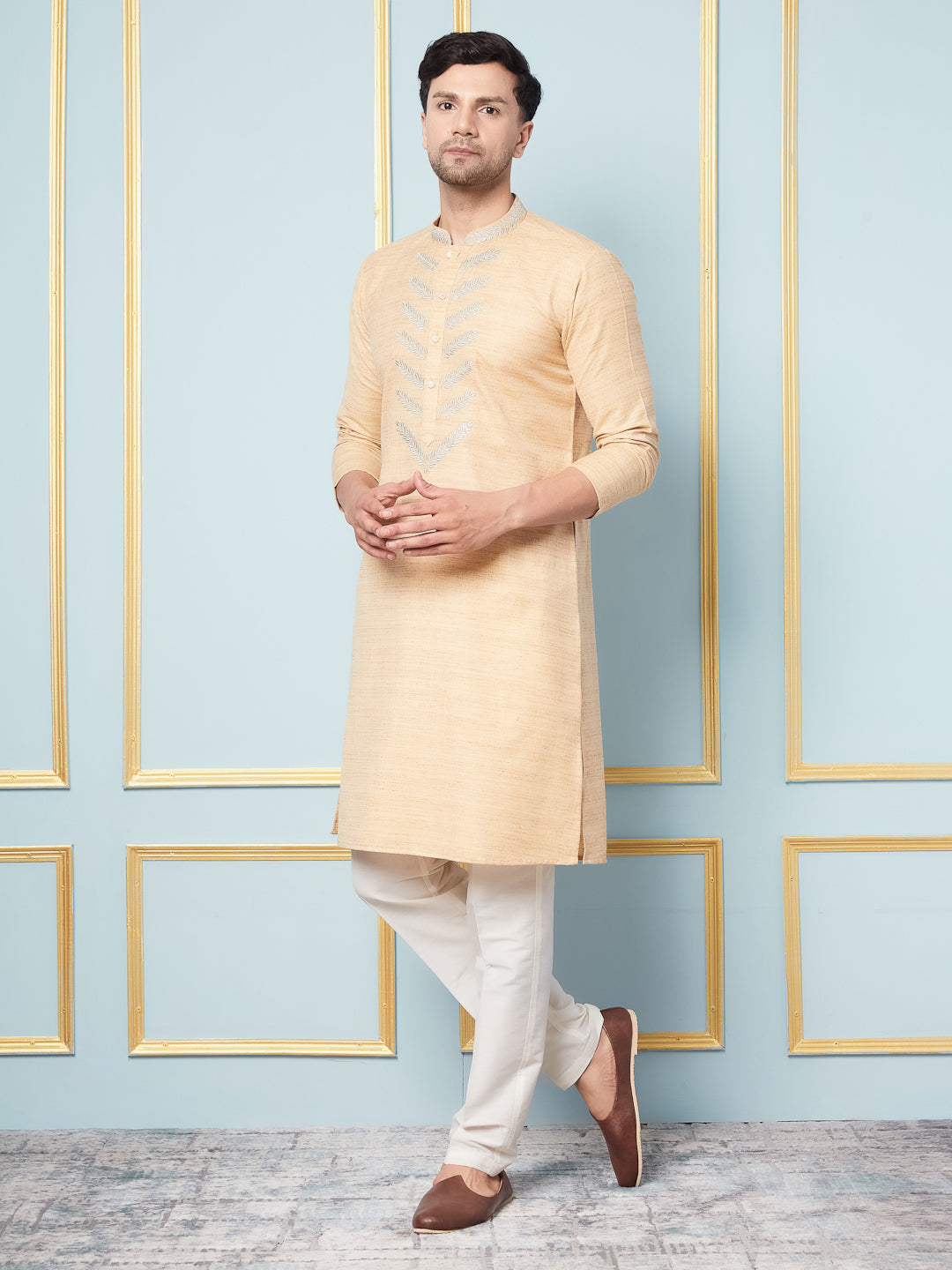 Pure Cotton Straight Kurta with Embroidered Neck Design and Pyjama