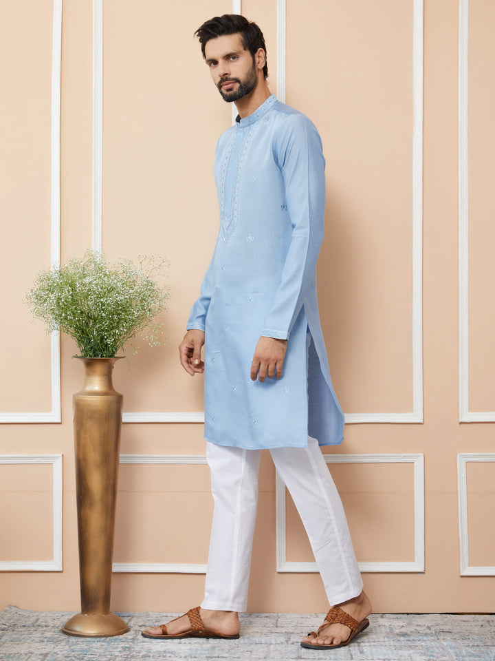 Light Blue Embroidered Chanderi Silk Straight Kurta