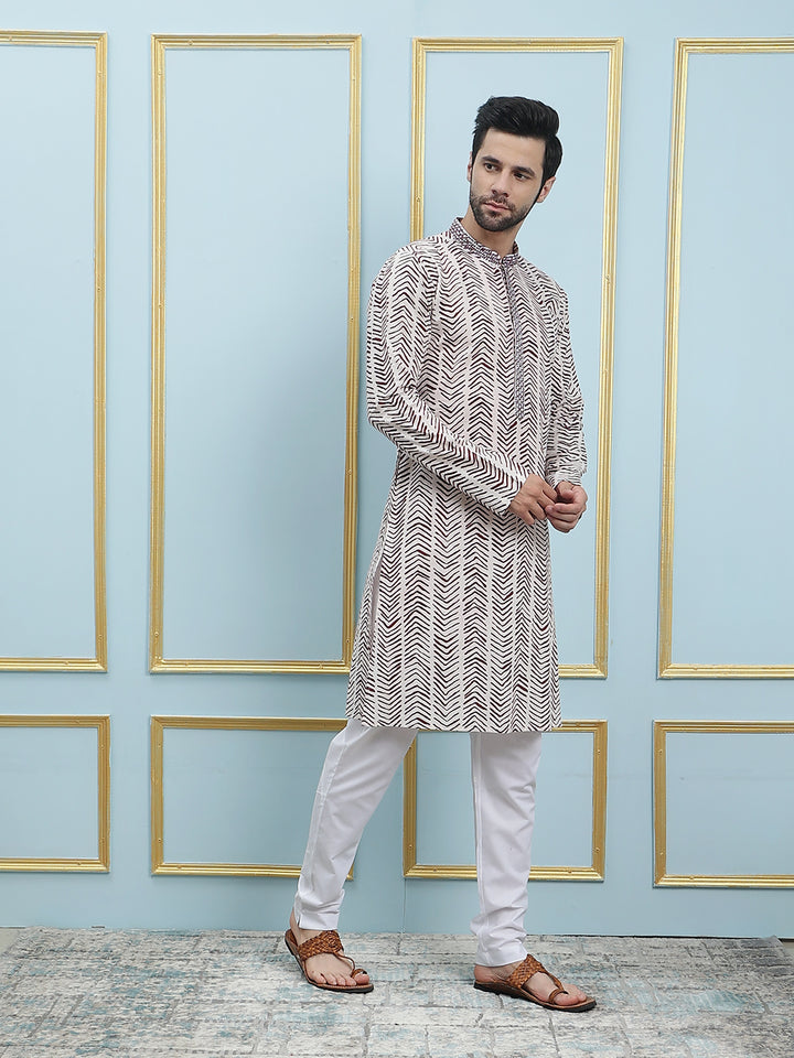 Printed Straight Cotton Silk Kurta with Embroidered Neck Design and Pyjama