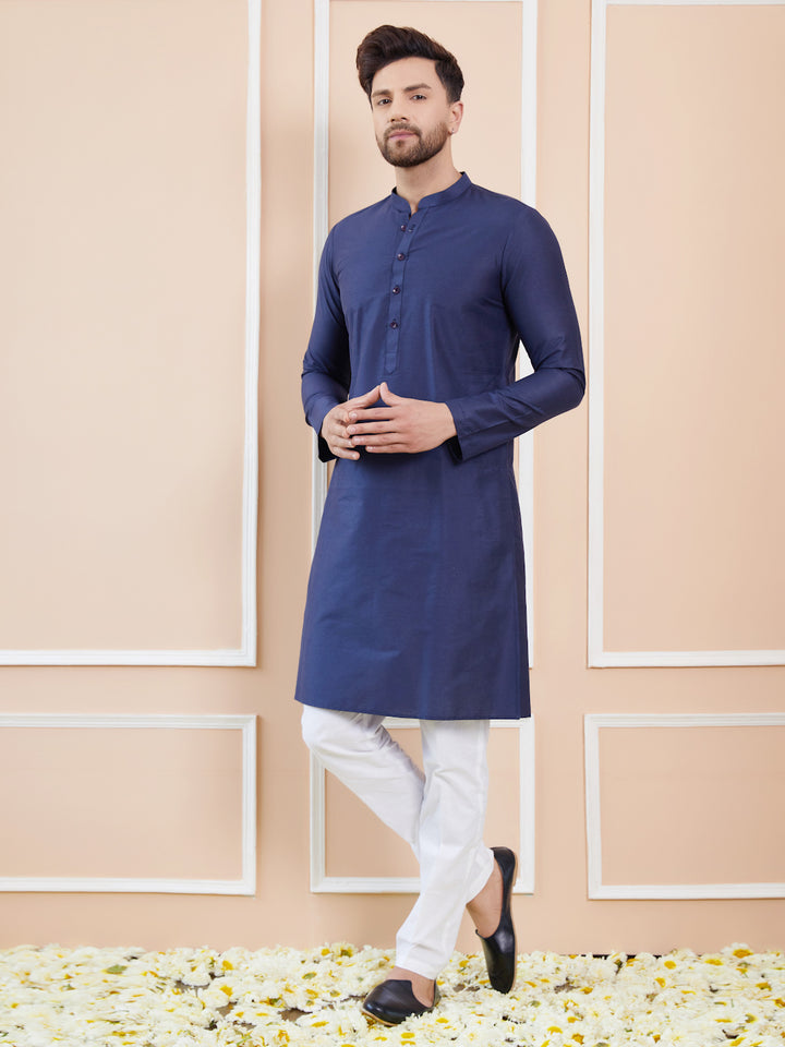 Blue Cotton Solid Straight Kurta with Pyjama