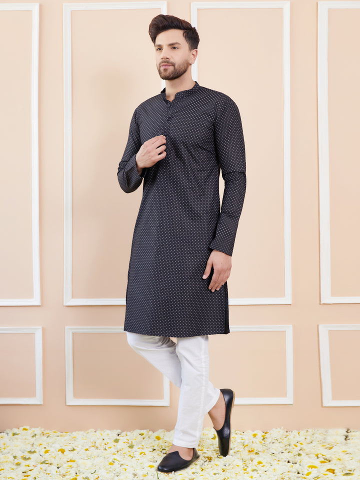 Black Printed Cotton Straight Kurta with Pyjama