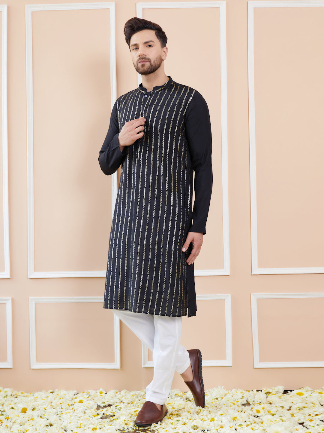 Men Black and Gold Sequins Embroidered Chanderi Silk Straight Kurta With Pyjama