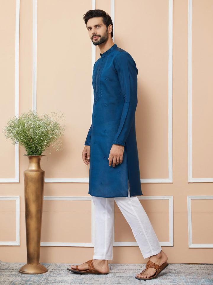 Navy Blue Embroidered Chanderi Silk Straight Kurta