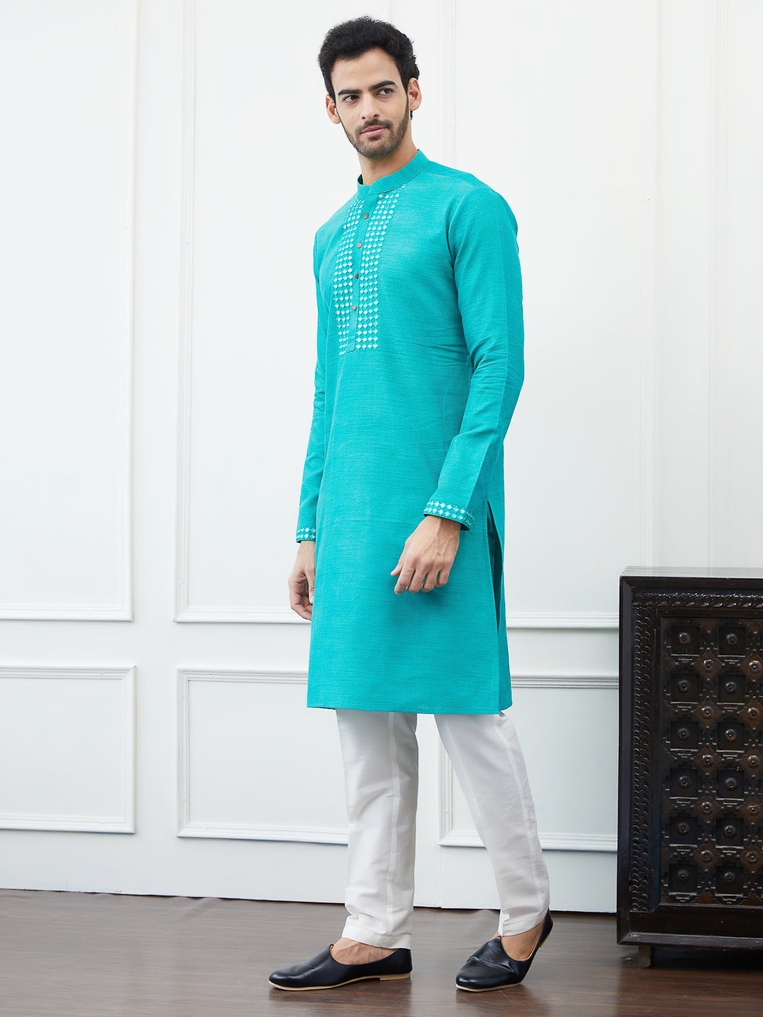 Embroidered Sequin Mirror Worked Pure Cotton Straight Kurta