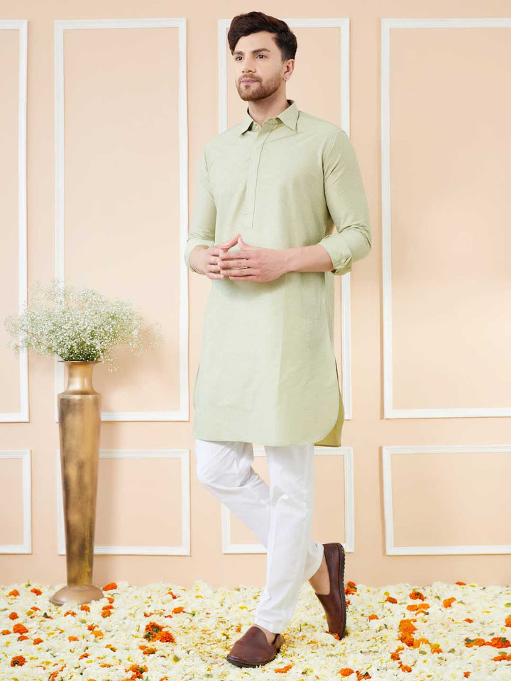 Green Cotton Solid Pathani Kurta