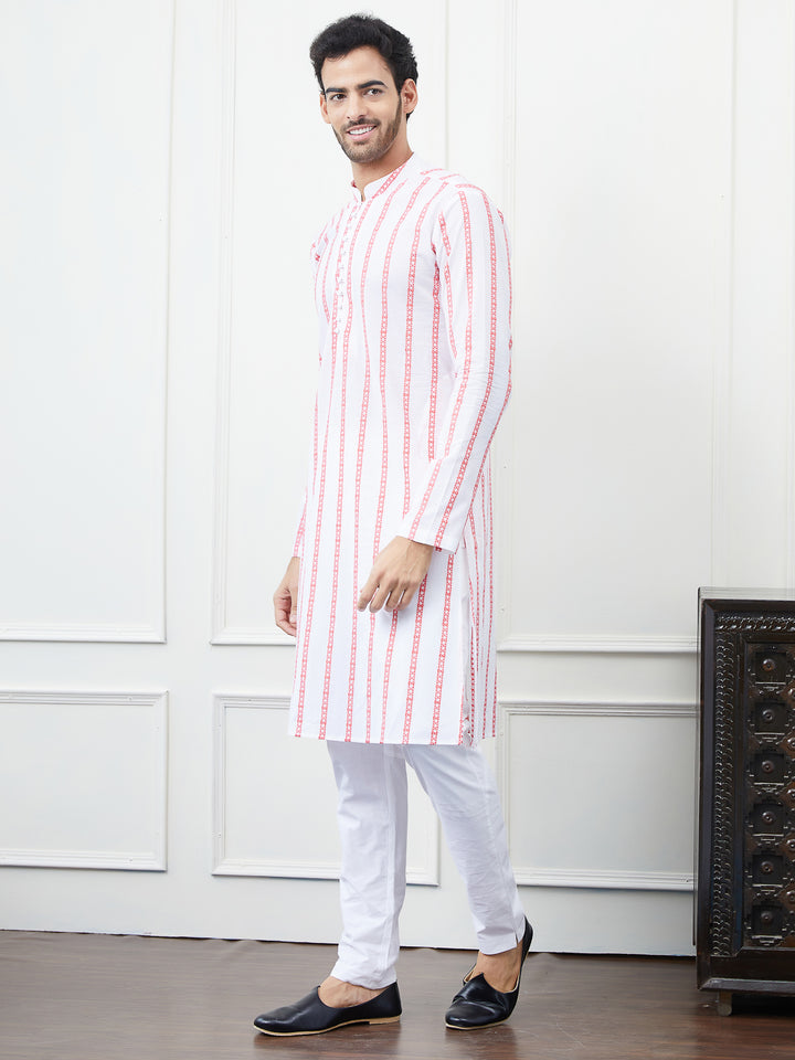 White and Pink Embroidered Cotton Straight Kurta with Pyjama