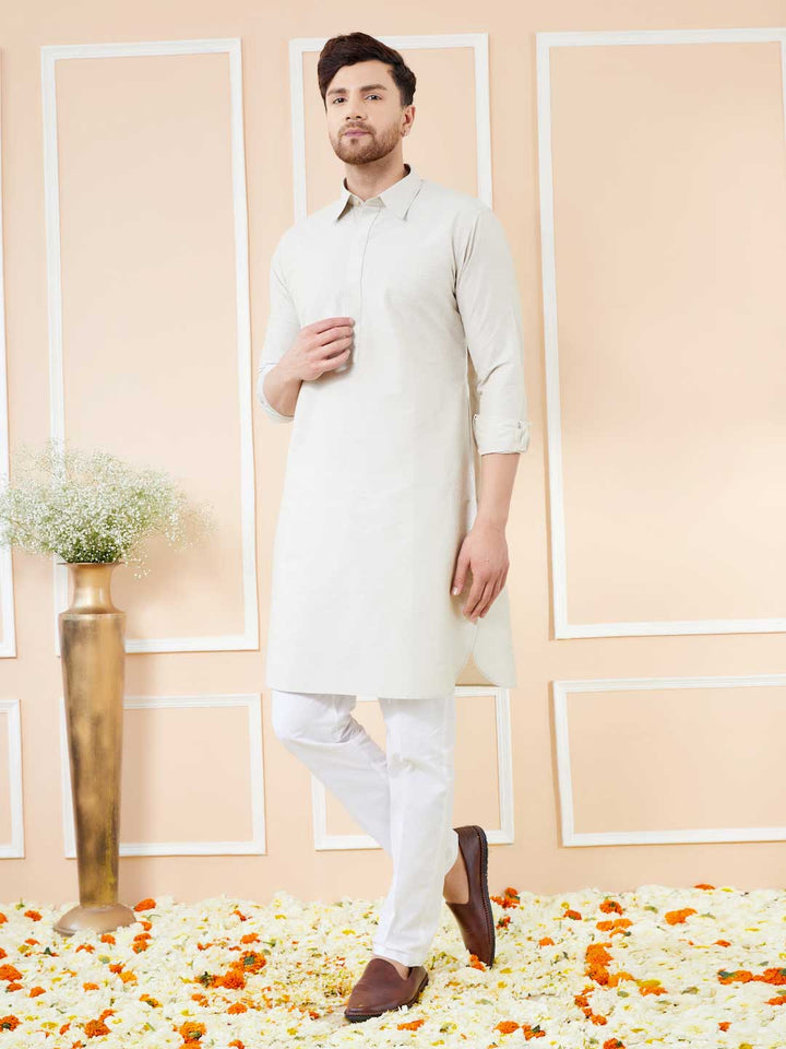 Off White Cotton Solid Pathani Kurta with Pyjama