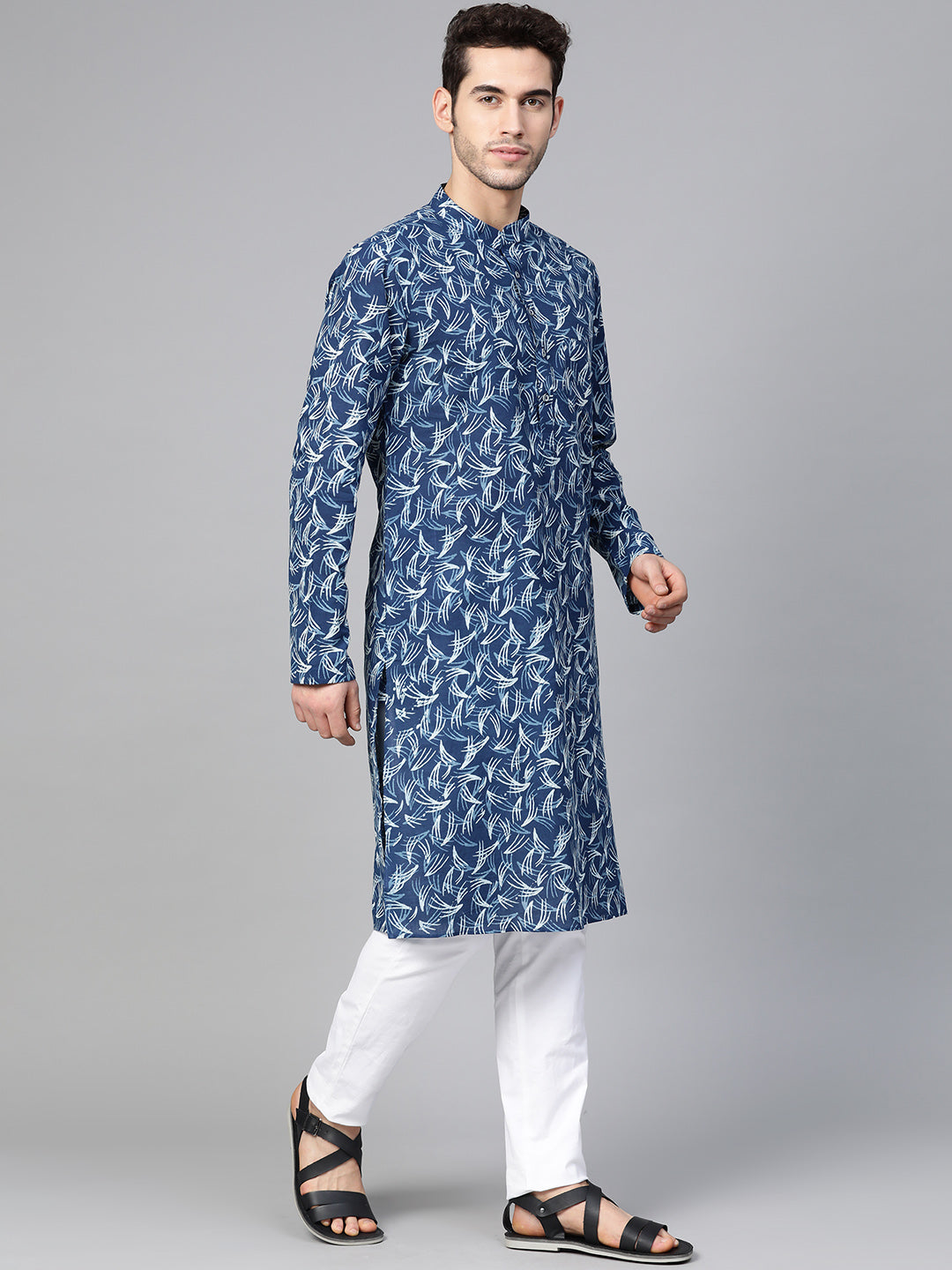 Blue Hand Block Printed straight kurta with Pyjama