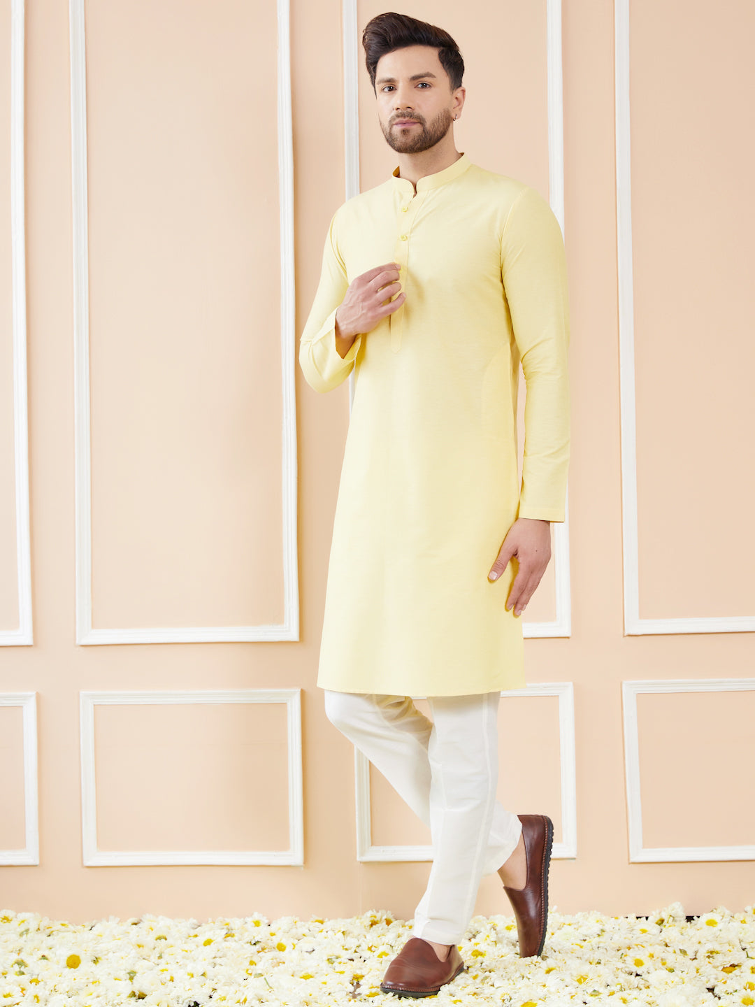 Yellow Cotton Solid Straight Kurta with Pyjama