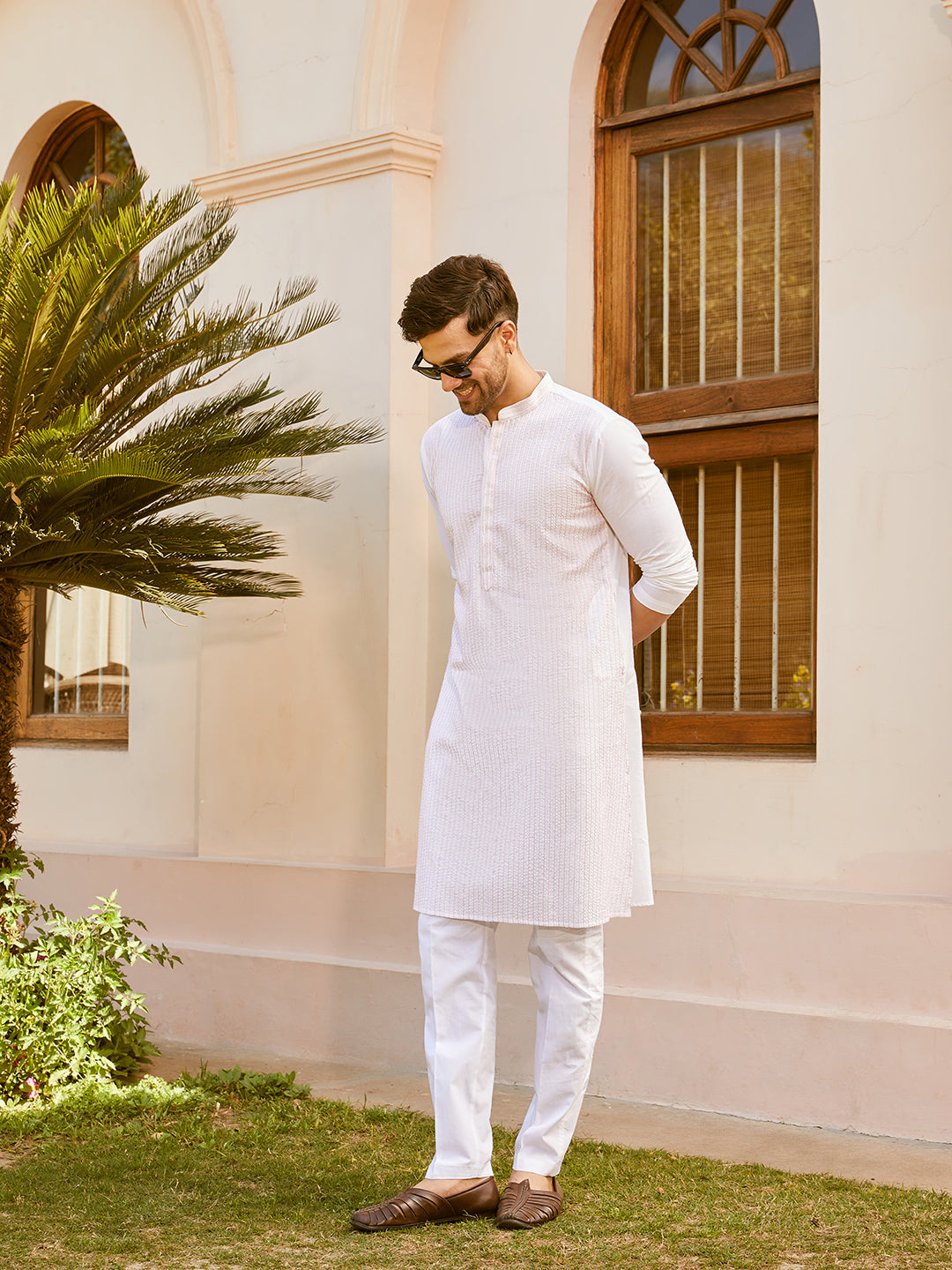 Pintuck with Thread work Pure Cotton Straight Kurta with Pyjama