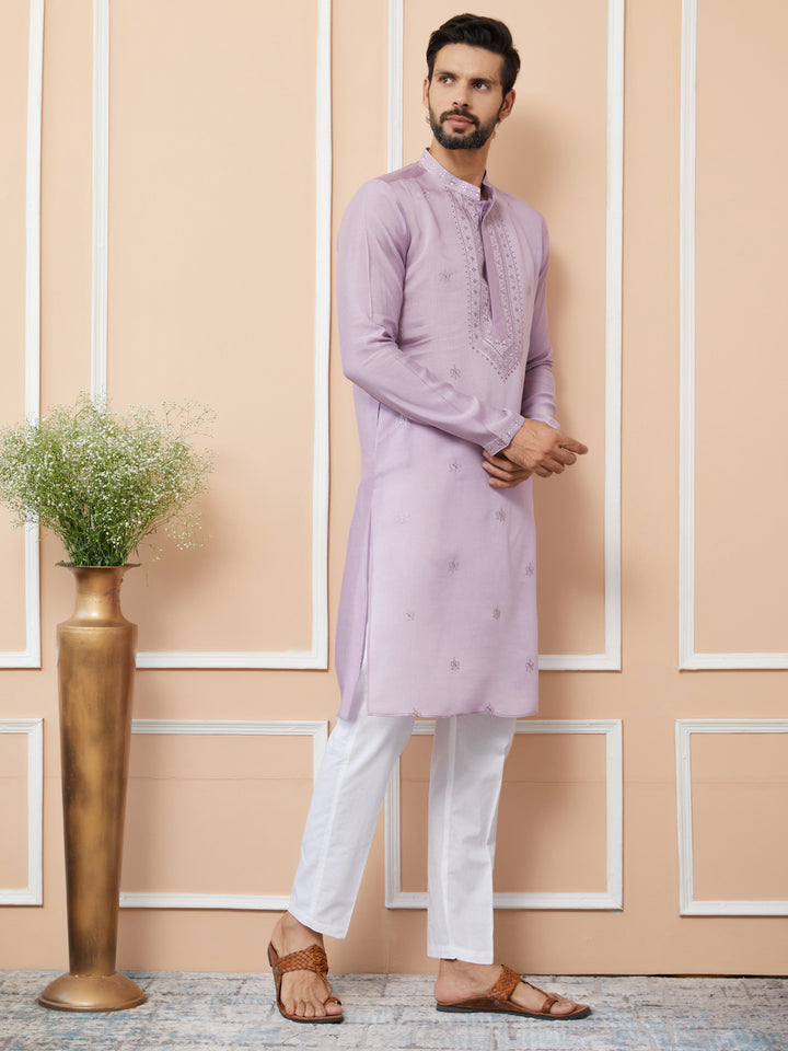 Lavender Embroidered Chanderi Silk Straight Kurta with Pyjama