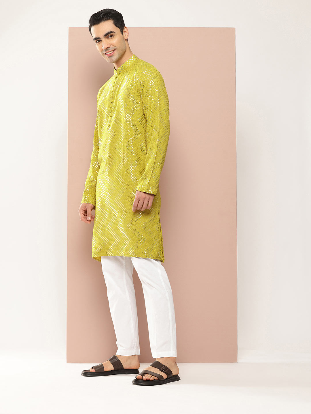 Men's Lime Green Sequin Embroidered Rayon Kurta, Paired with Pyjama