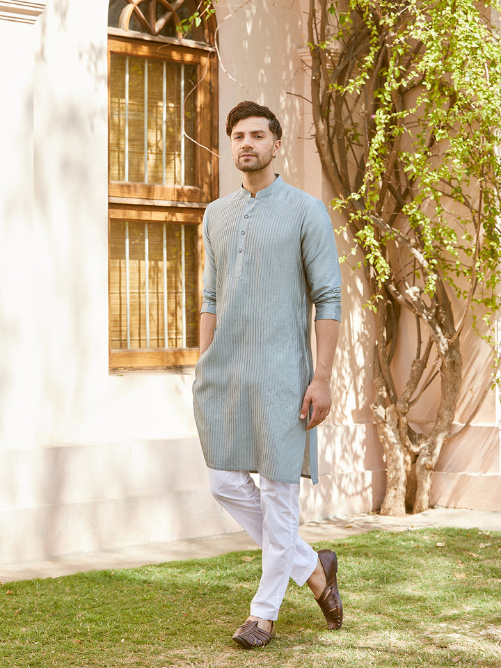 Pintuck Cotton Silk Straight Kurta with Pyjama