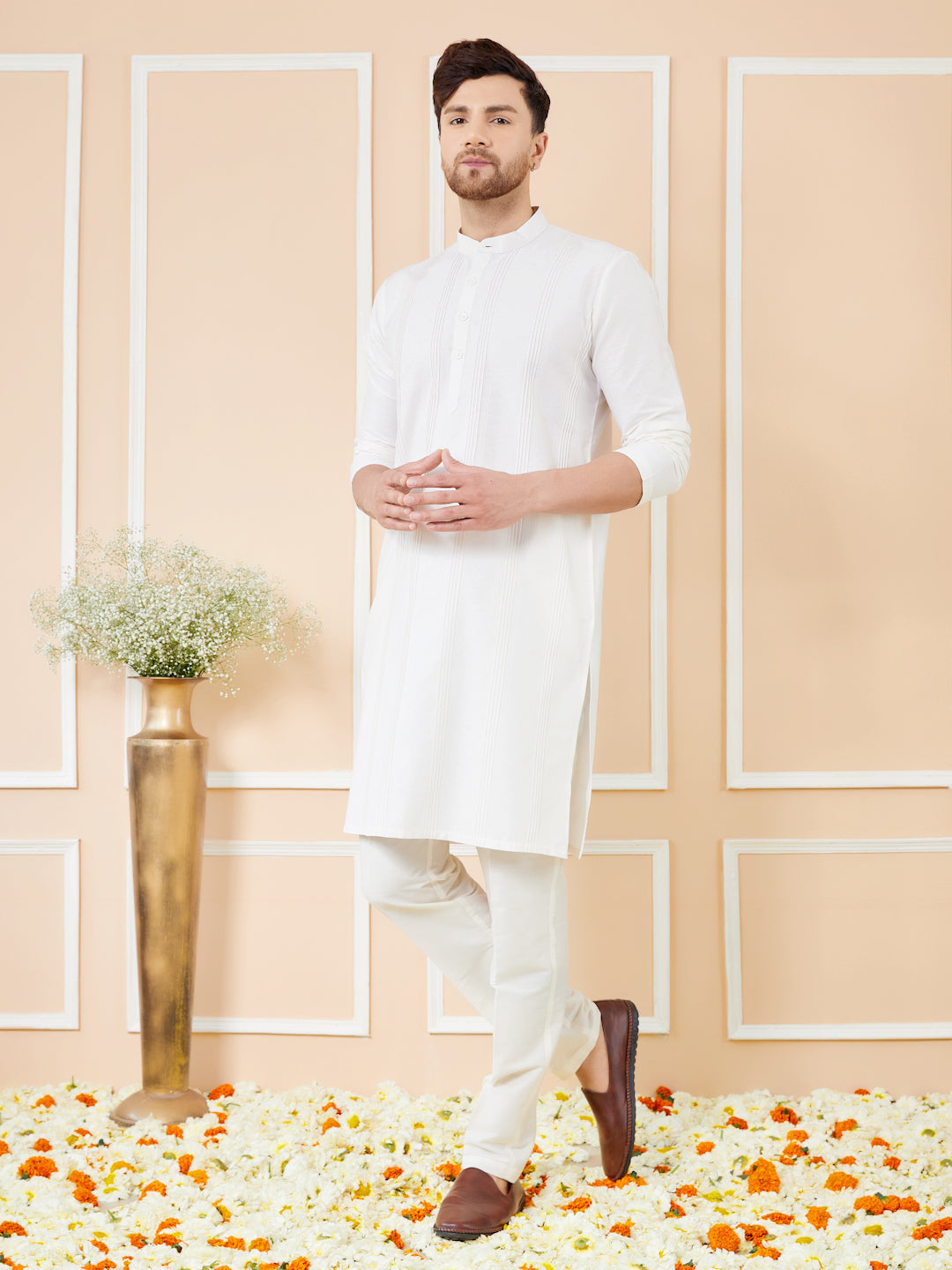 White Pintuck Worked Cotton Solid Straight Kurta with Pyjama