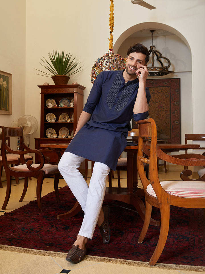 Pintuck Yoke Cotton Silk Straight Kurta with Pyjama