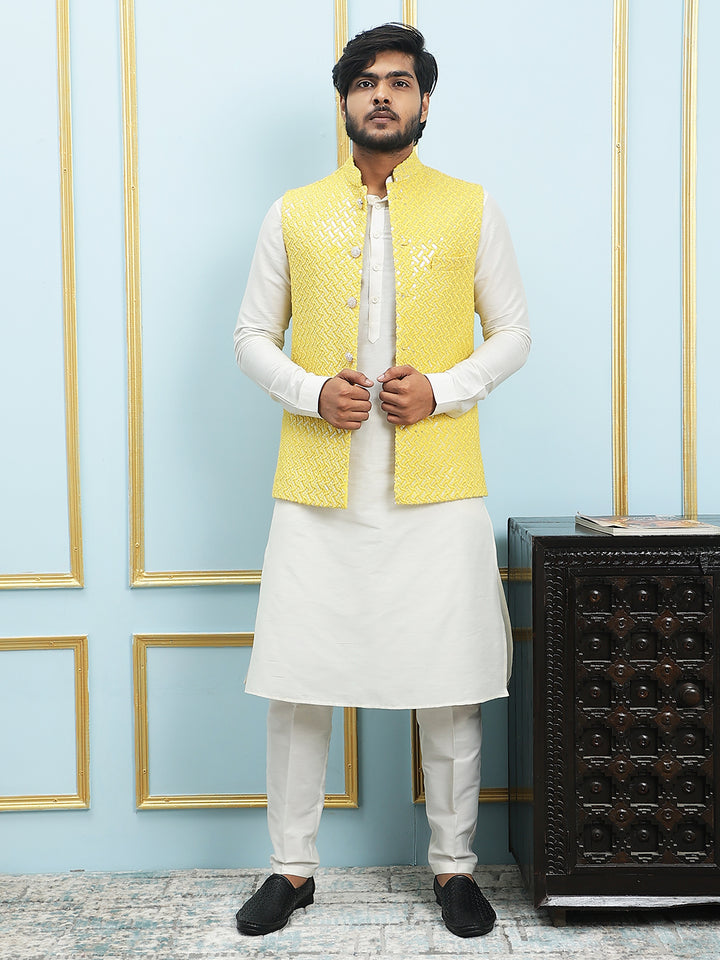 Pure Silk Kurta & Pyjama with Sequins Embroidered Nehru Jacket