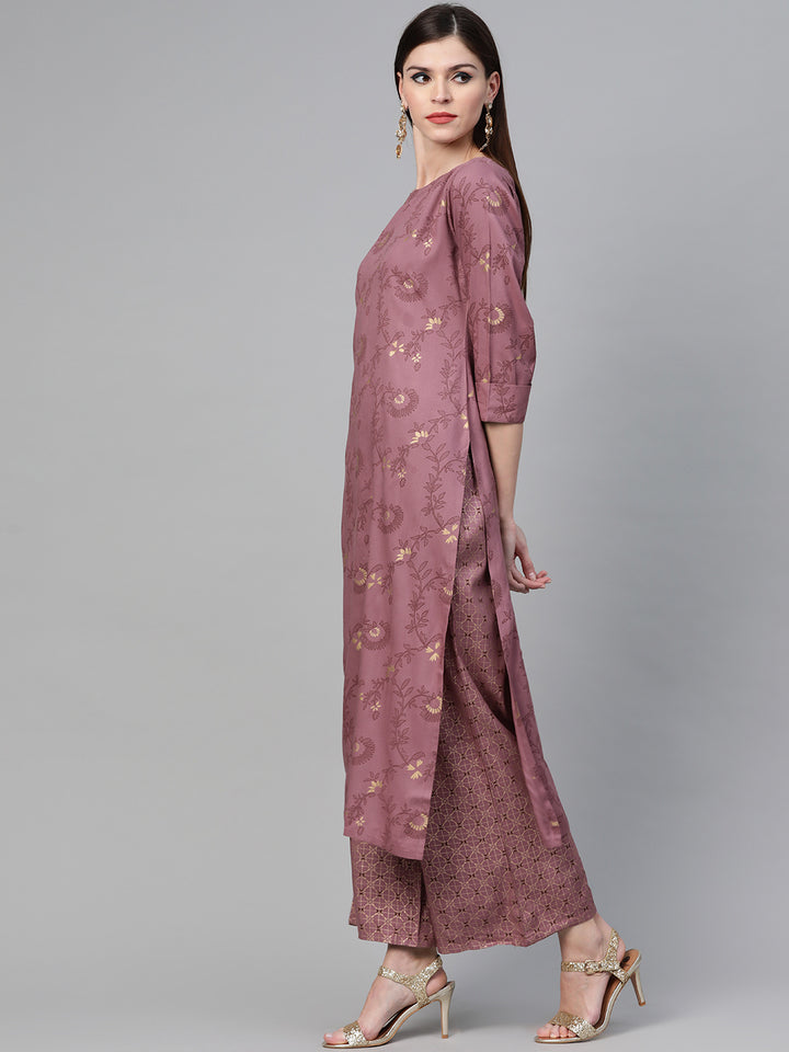 Mauve and Gold Printed Straight Kurta With Palazzo Set