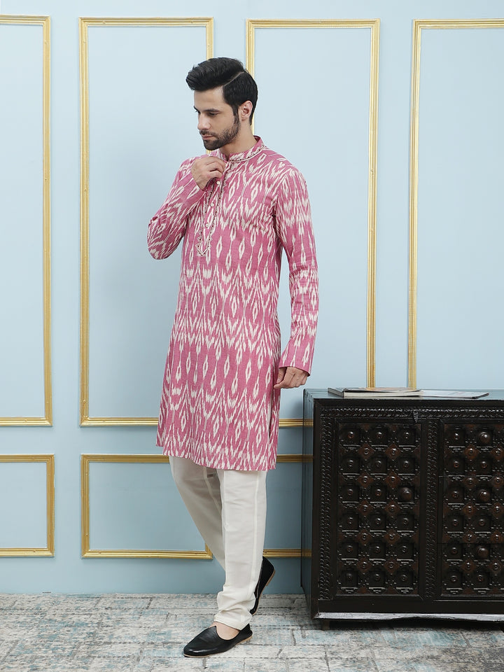 Printed Ikat Pure Cotton Straight Kurta with Embroidered Neck Design and Pyjama