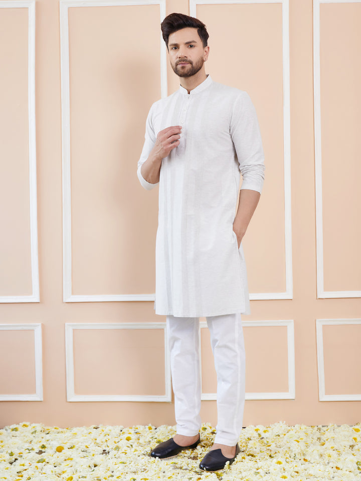 Men Off White Pintex Worked Cotton Silk Straight Kurta