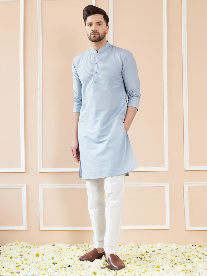 Blue Cotton Solid Straight Kurta with Pintuck Neckline and Pyjama