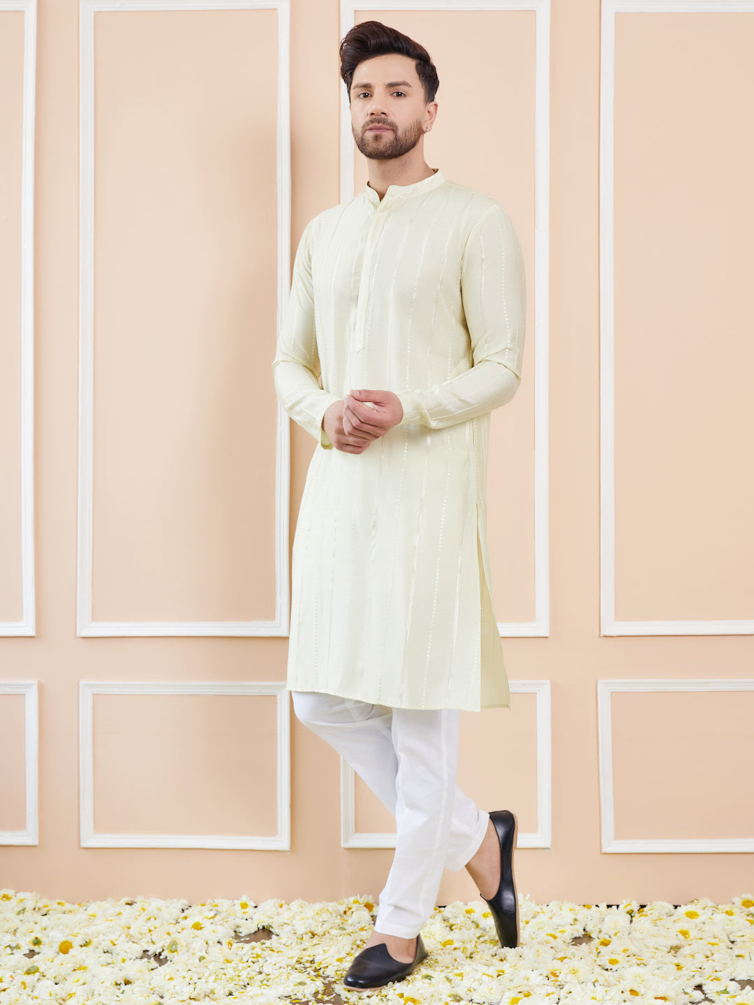 Men Cream and Gold Sequins Embroidered Chanderi Silk Straight Kurta