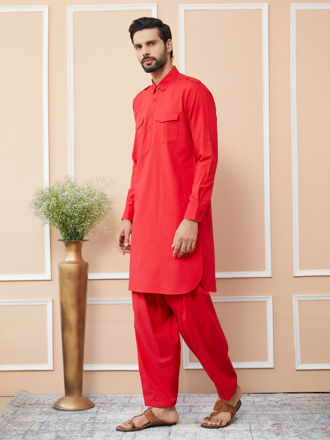 Red Cotton Slub Pathani kurta with Salwar