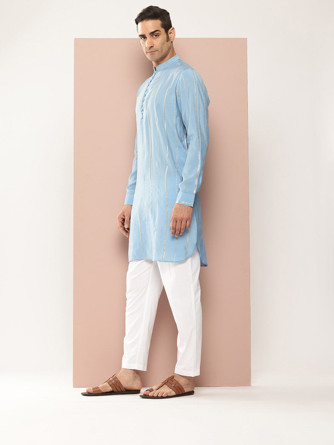 Men's Blue Chanderi Silk Kurta with Sequin Embroidery, Paired with Pyjama