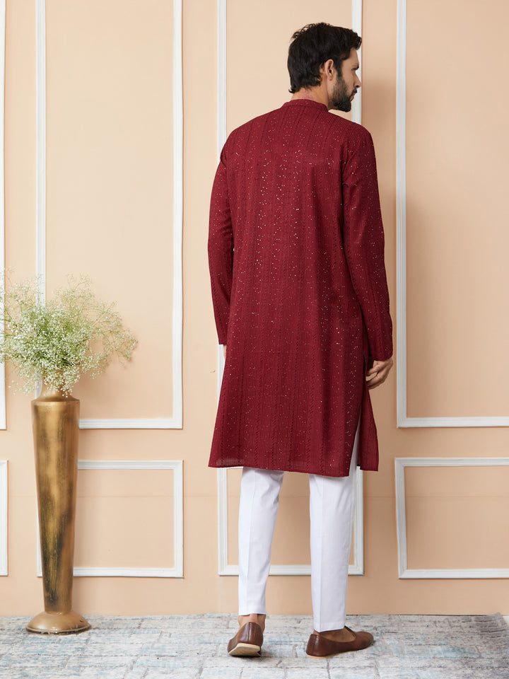 Dark Maroon Embroidered Thread Work Sequinned Chanderi Silk Straight Kurta with Pyjama