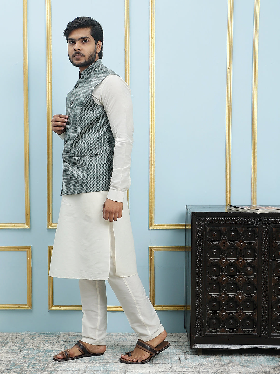 Pure Silk Kurta & Pyjama with Woven Jacquard Nehru Jacket