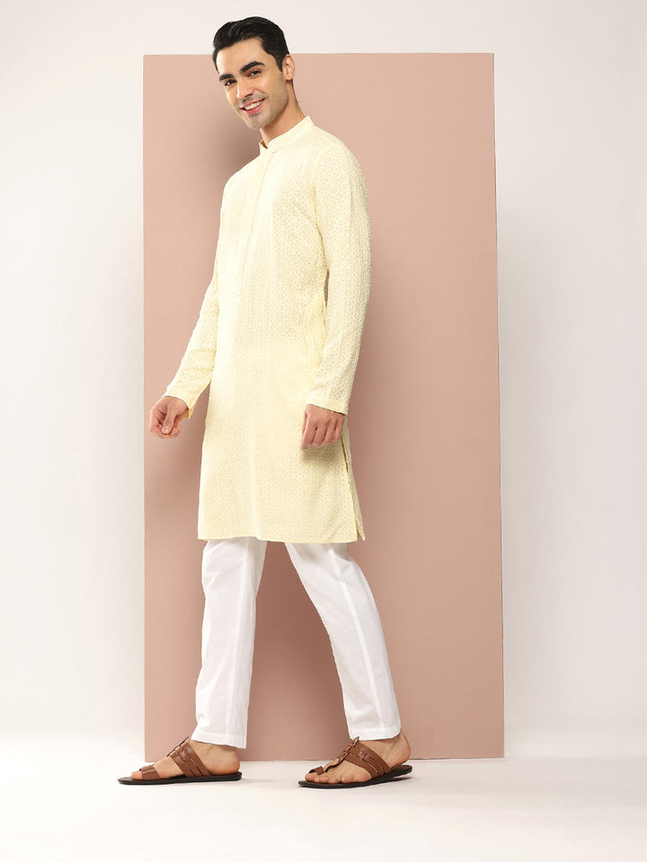 Men’s Cream Rayon Kurta with Embroidered Chikankari, Paired with Pyjama