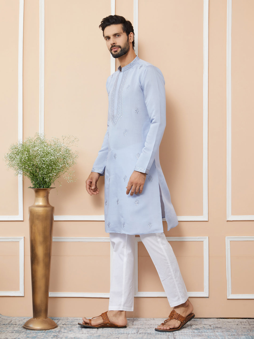 Pastel Blue Embroidered Chanderi Silk Straight Kurta