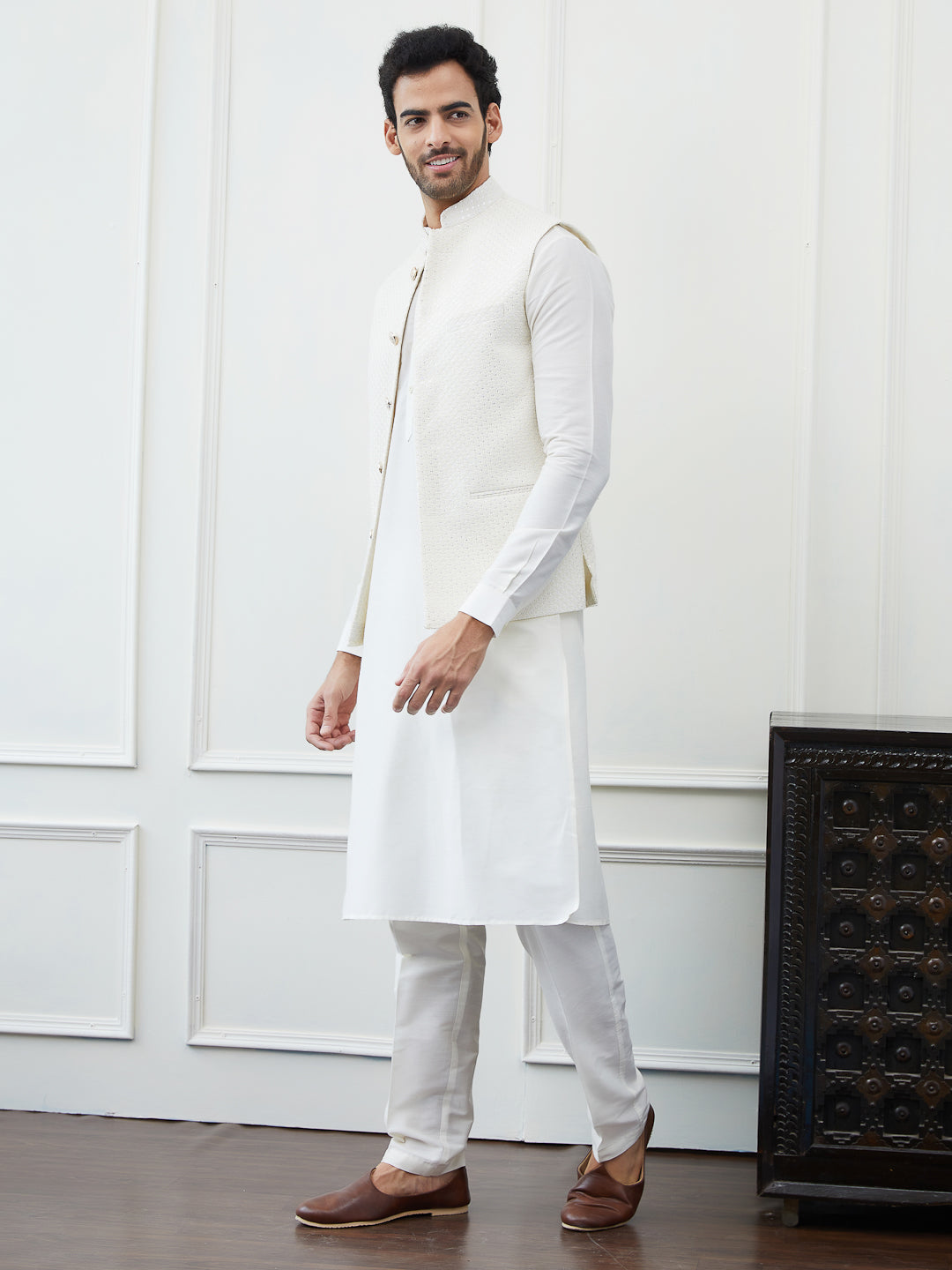 Pure Cotton Straight Kurta & Pyjama with Sequins Embroidered Nehru Jacket