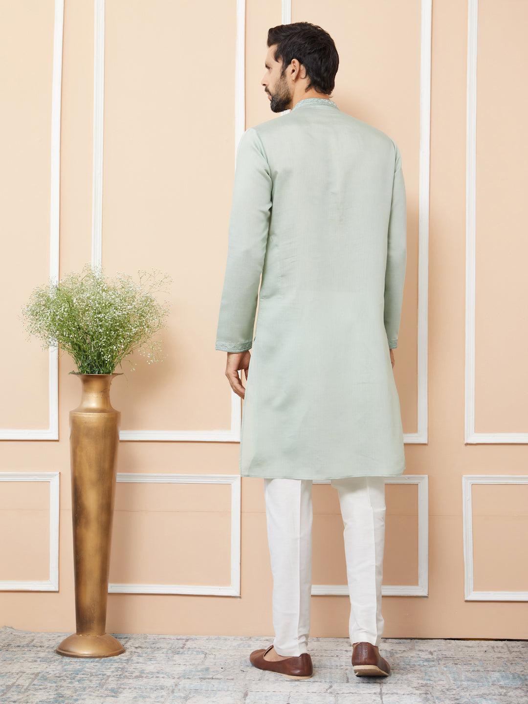 Pastel Green Embroidered Chanderi Silk Straight Kurta