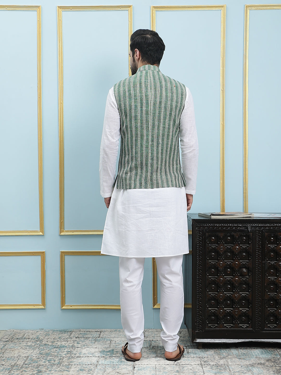 Pure Cotton Straight Kurta & Pyjama with Handwoven Pure Cotton Nehru Jacket