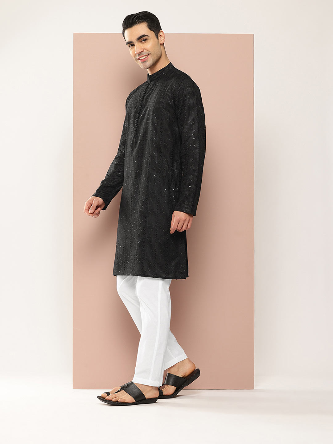 Men’s Black Rayon Kurta with Embroidered Chikankari, Paired with Pyjama