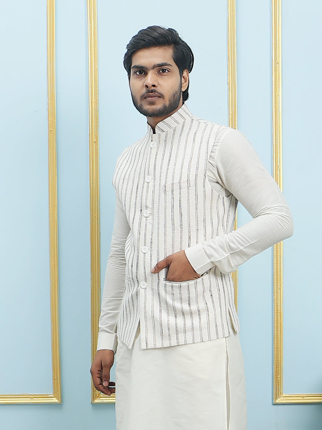 Pure Silk Straight Kurta & Pyjama Set with Handwoven Nehru Jacket