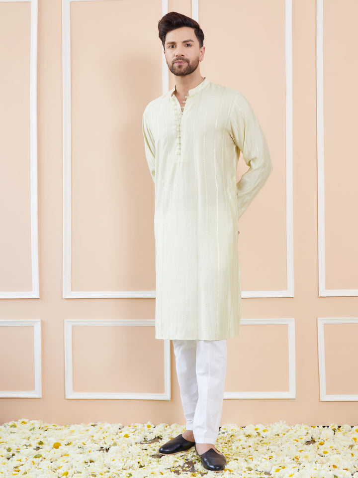 Cream and Gold Sequins Embroidered Chanderi Silk Straight Kurta With Pyjama