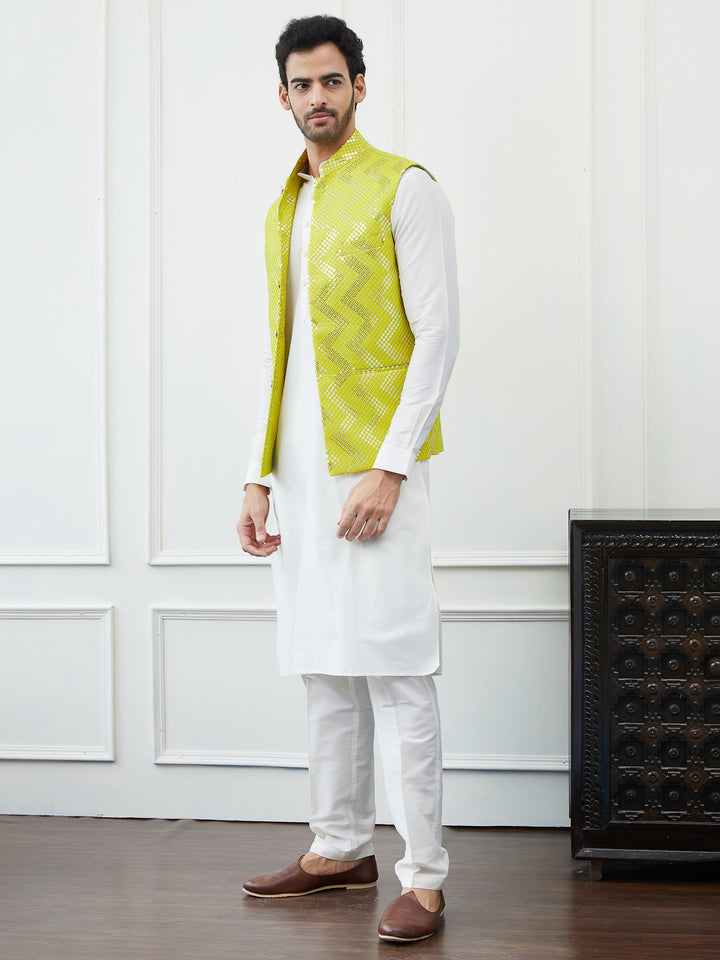 Pure Cotton Straight Kurta & Pyjama with Sequins Embroidered Nehru Jacket