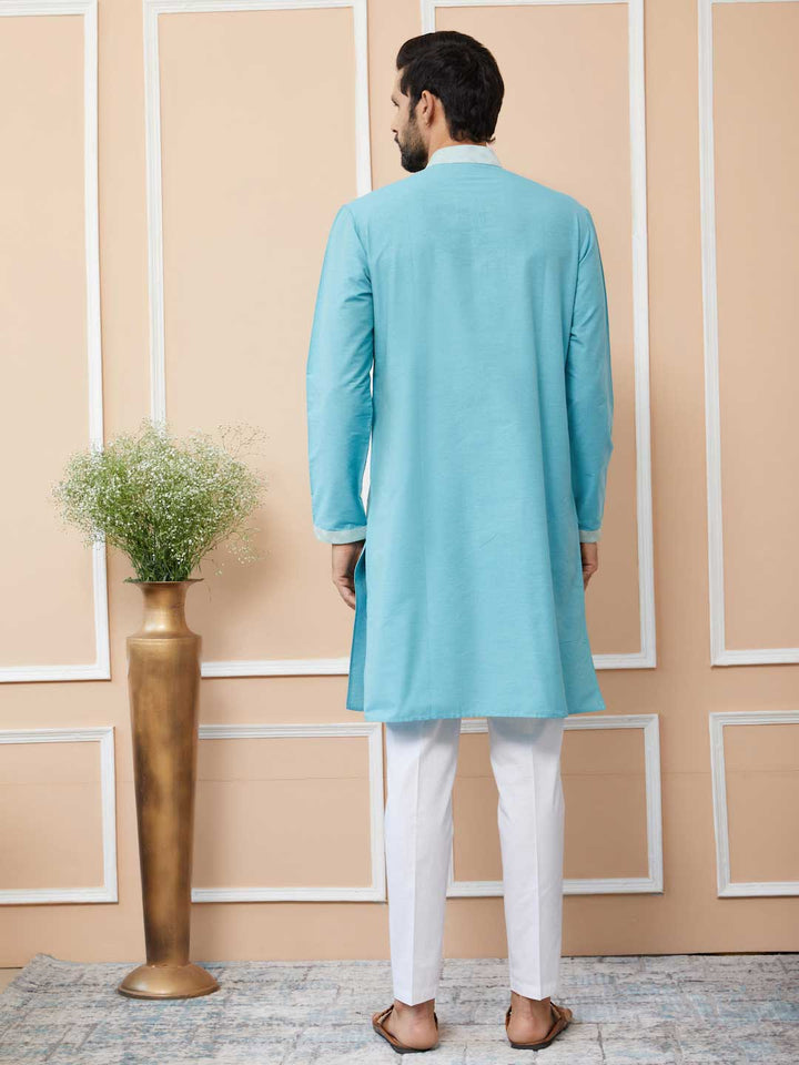 Blue Solid Cotton Straight Kurta with Pyjama with Jacquard neckline