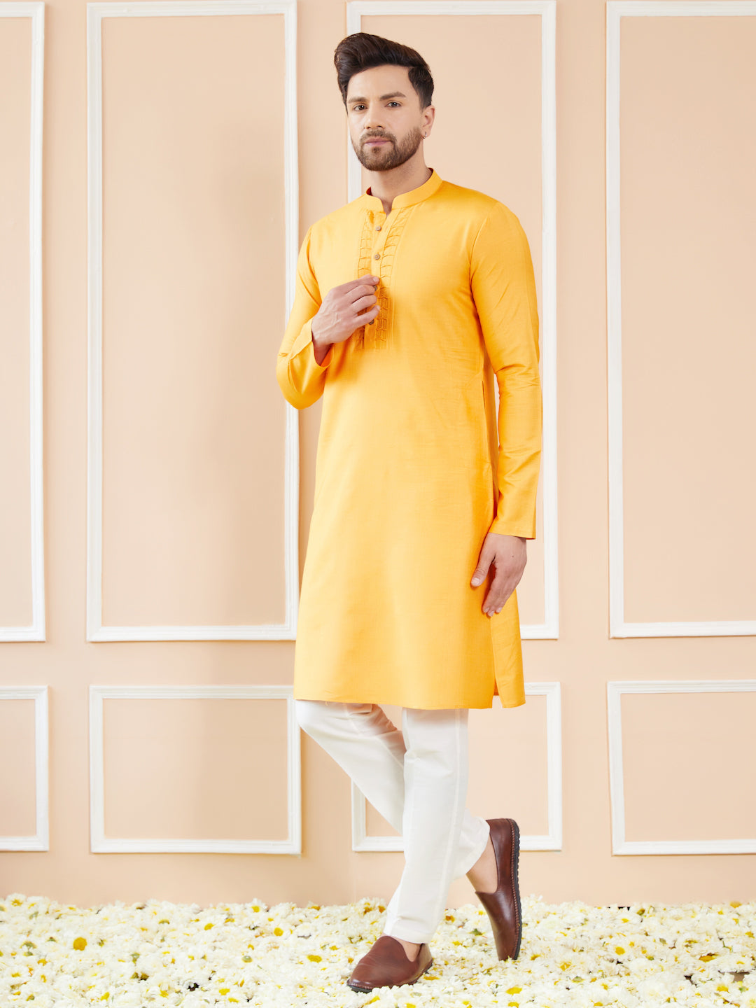 Mustard Raw Silk Straight Kurta with Pintuck Neckline and Pyjama