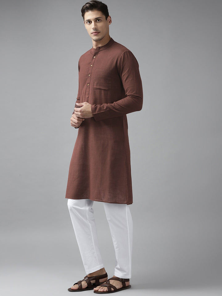 Men Brown Cotton Slub Straight Kurta with Pyjama