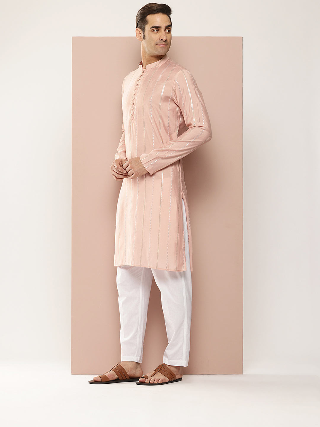 Men's Pink Chanderi Silk Kurta with Sequin Embroidery, Paired with Pyjama