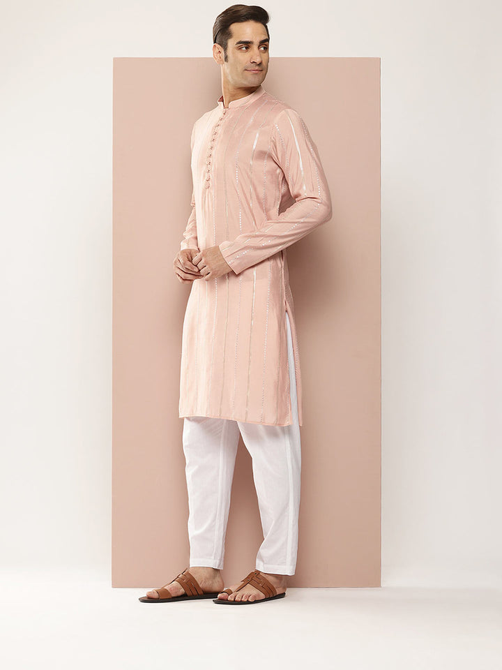 Men's Pink Chanderi Silk Kurta with Sequin Embroidery, Paired with Pyjama