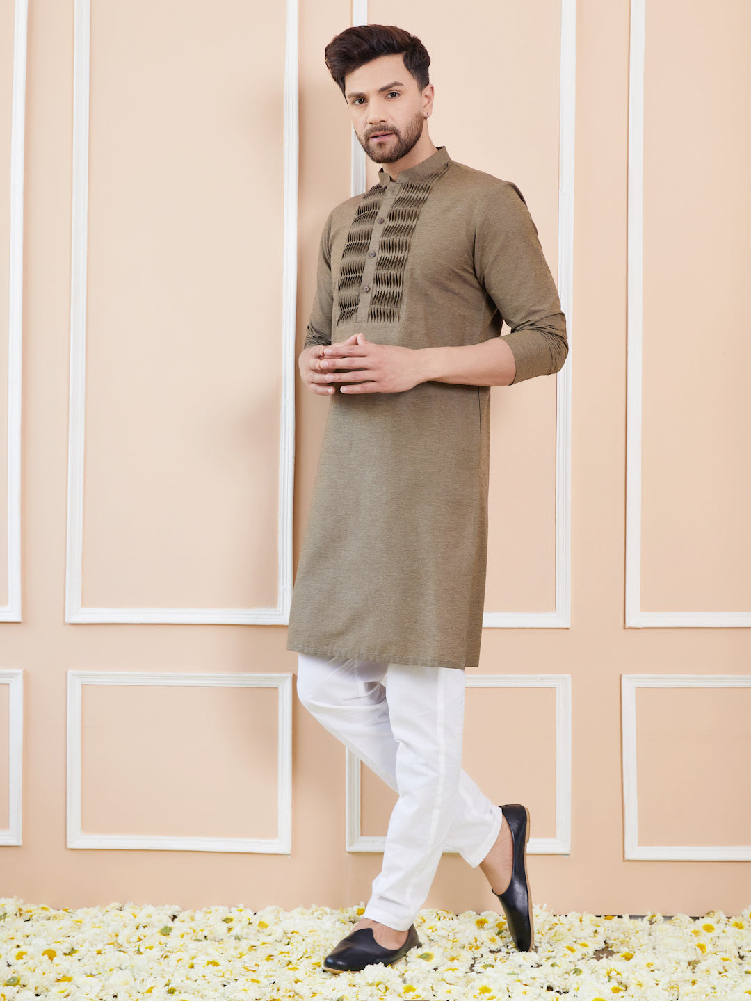 Dust Cotton Straight Kurta with Pintuck Yoke Neckline