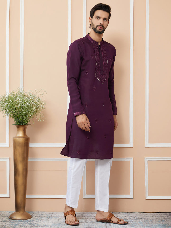 Dark Purple Embroidered Chanderi Silk Straight Kurta with Pyjama